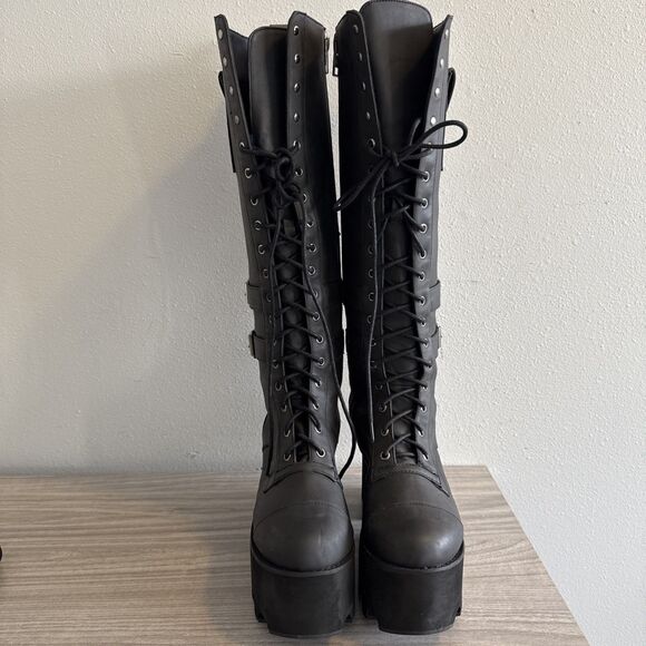 Current Mood Black Leather Tall Combat Platform Boots Lace-Up Zip Womens Size 7 - Picture 3 of 11